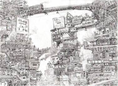 金扇町［废坑の街］（补正版）|ぽち的Pixiv风景壁纸插画图片